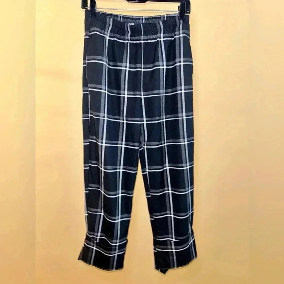 Zara Black & White Plaid Elastic Waist Wide Leg Cuffed Trousers Size Small - Picture 2 of 7